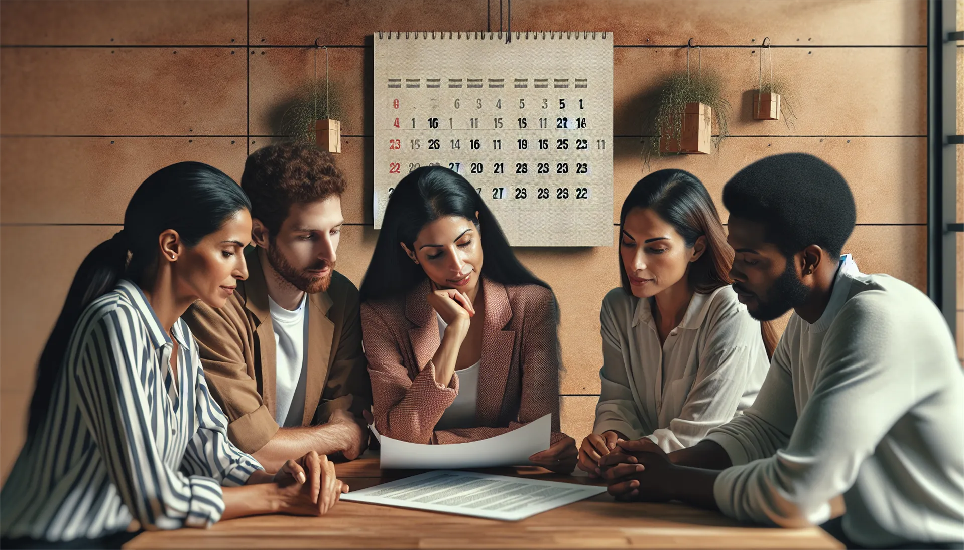 Group of people discussing a document in a meeting room with a calendar on the wall