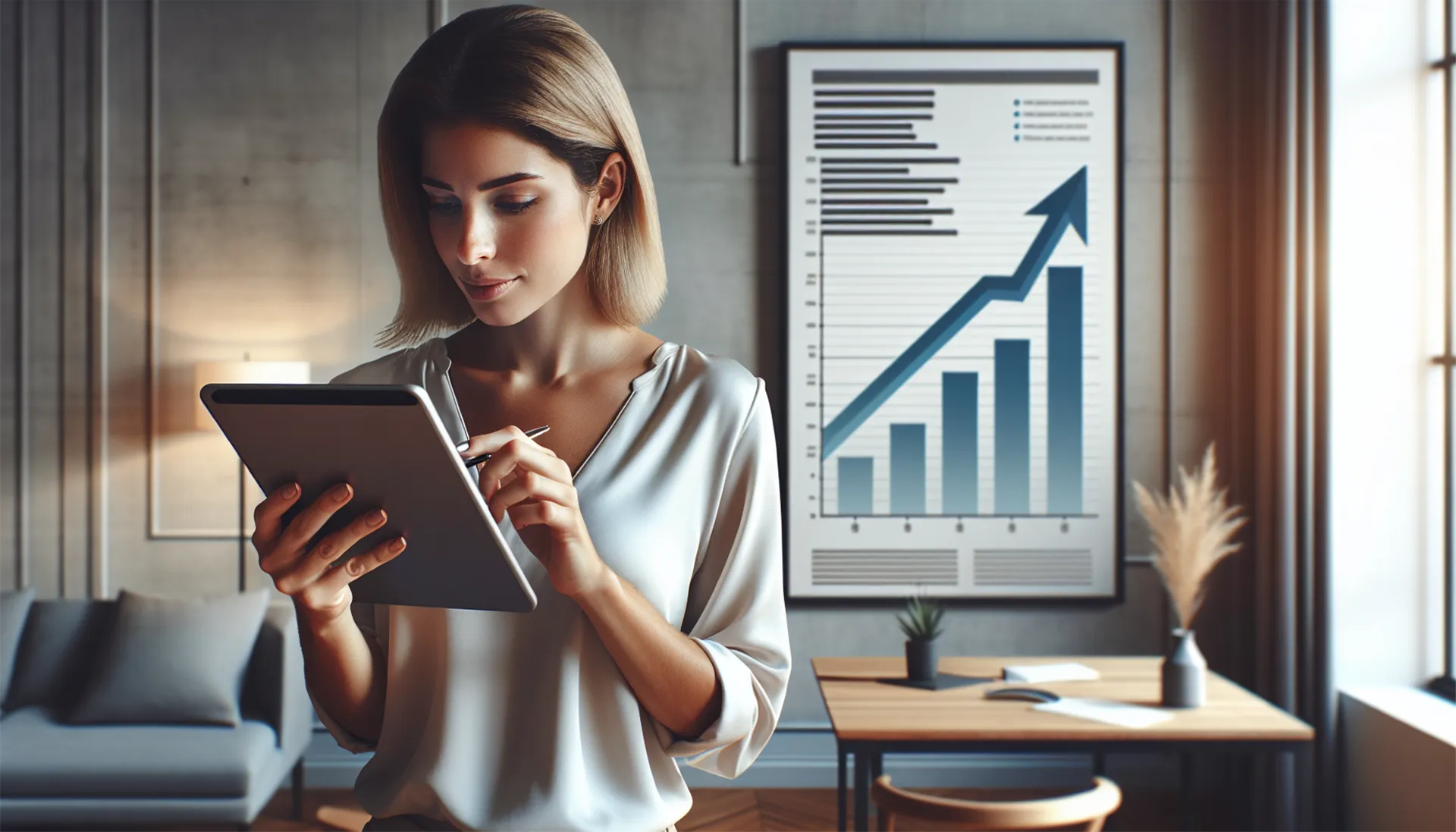 American woman using tablet and filling out website form with chart poster displaying upward graph