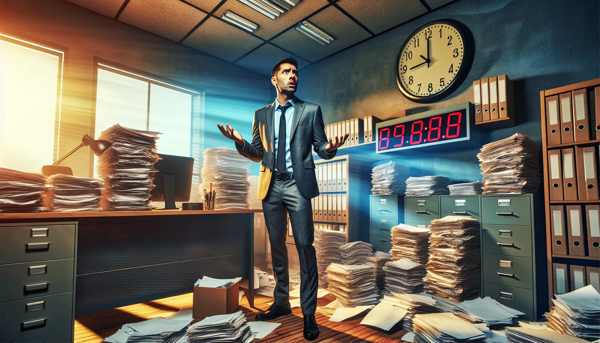American businessman in cluttered office with countdown clock and documents on desk