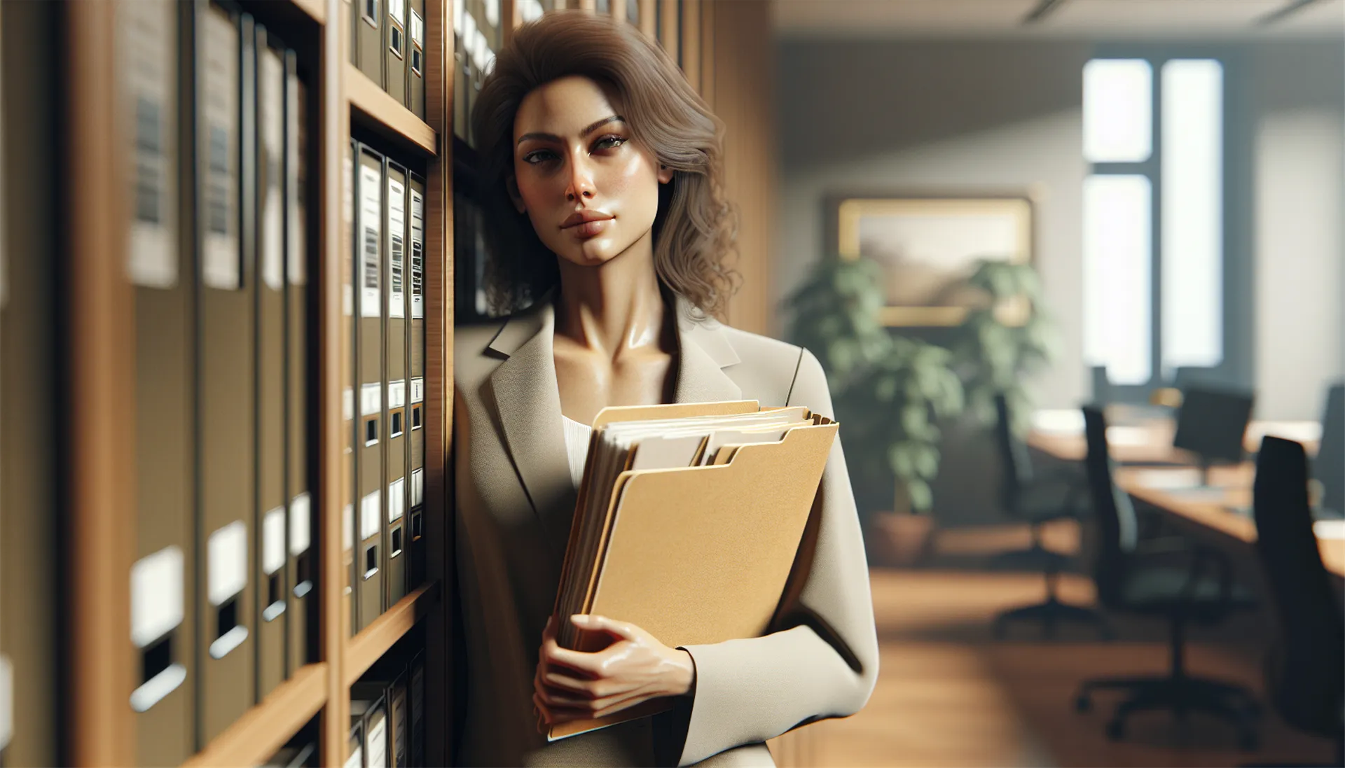 American woman in legal records room holding manila folder with legal papers