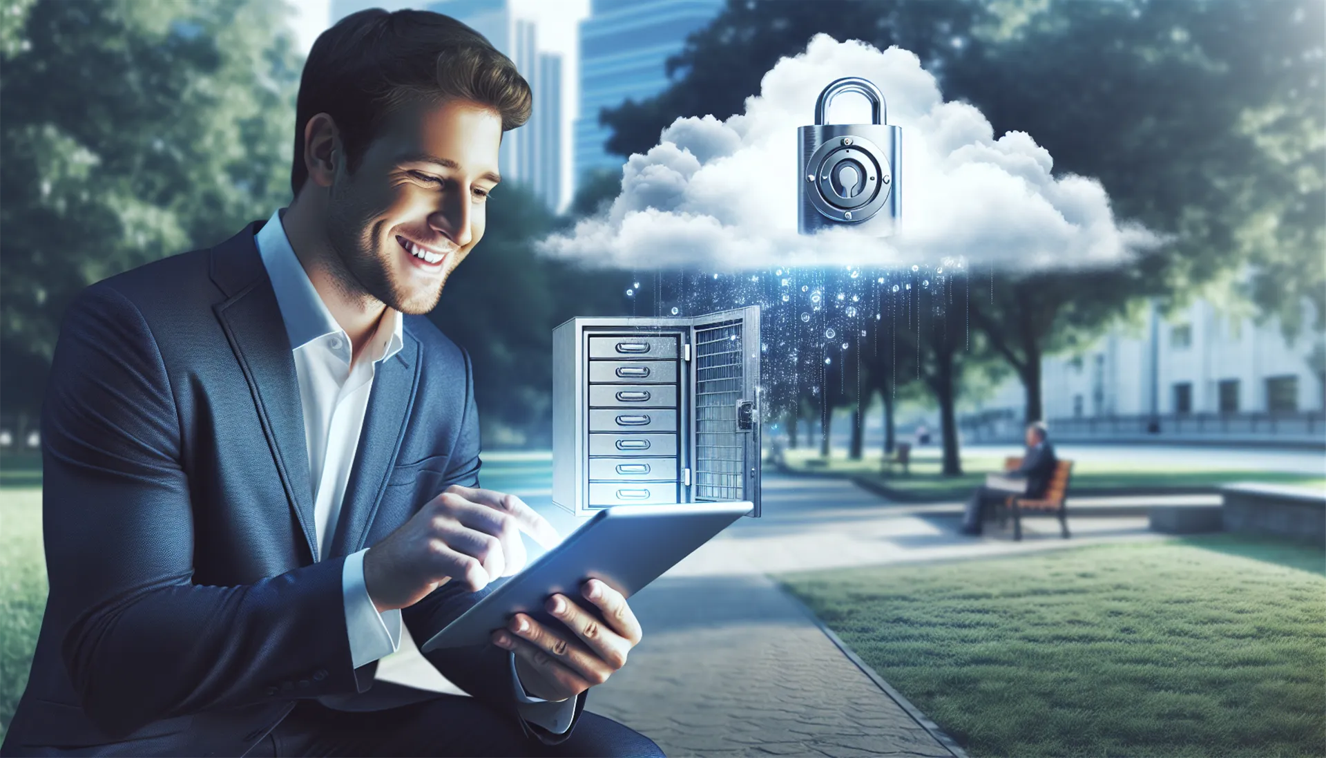 American man filling out form on digital tablet in park with data flowing into a vault displayed in a cloud