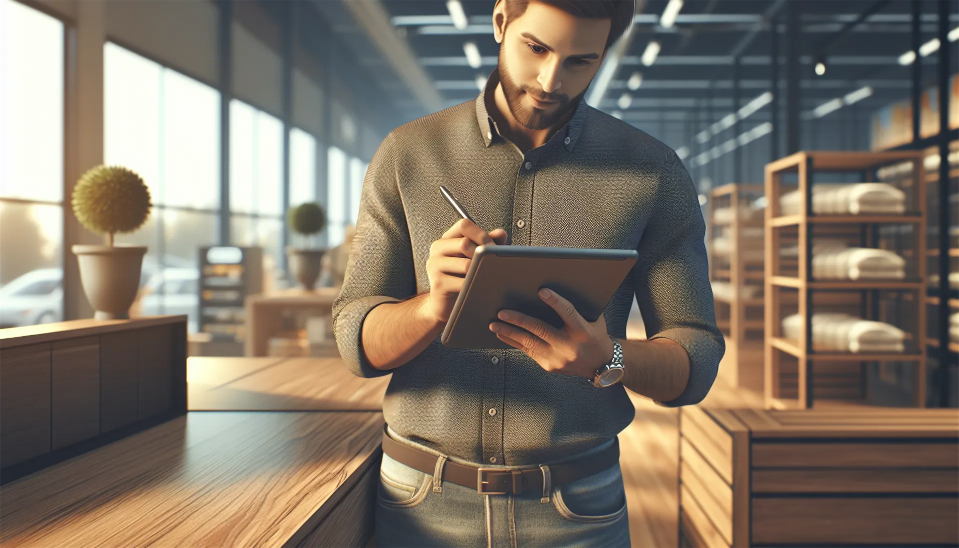 American man in a store filling out a customer satisfaction survey on a tablet