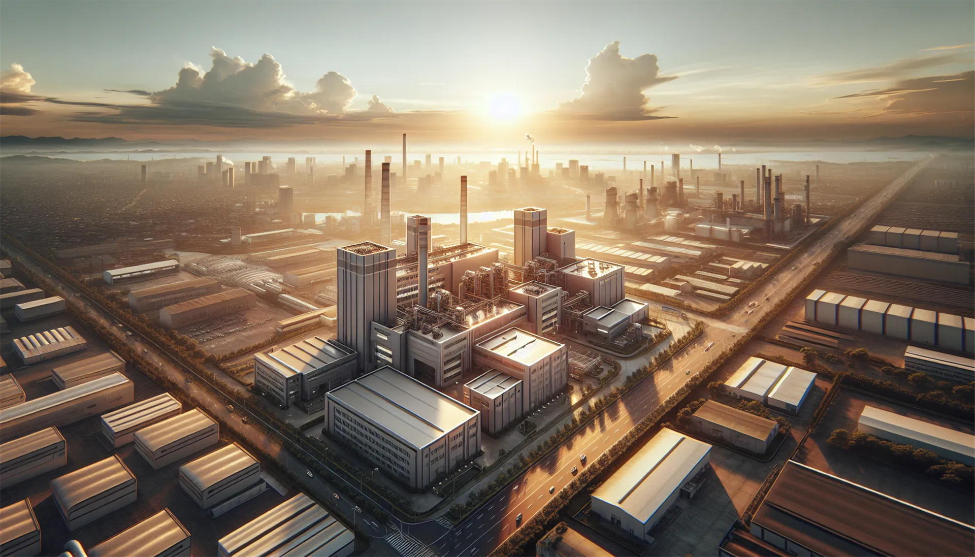 Modern manufacturing company landscape view in warm light