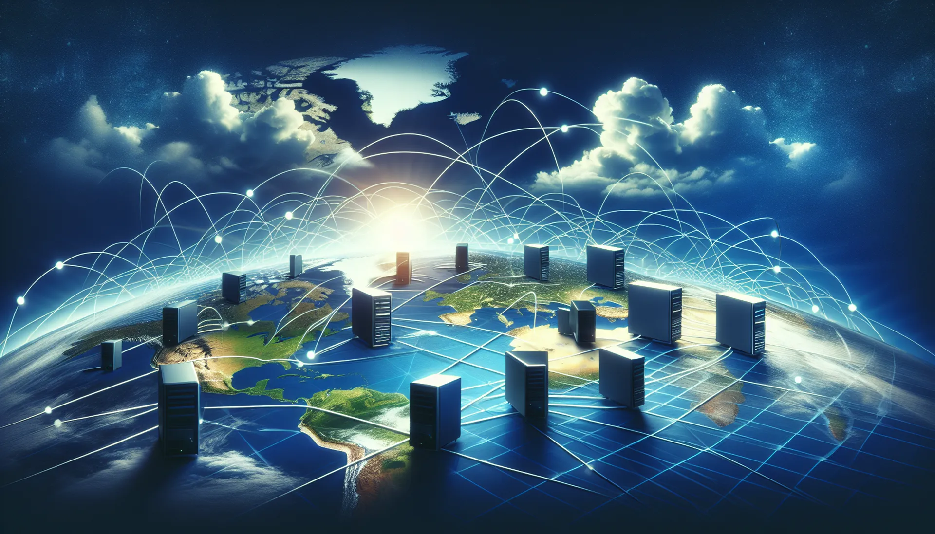 Surreal flat earth map illustration with connected computers depicting a content delivery network