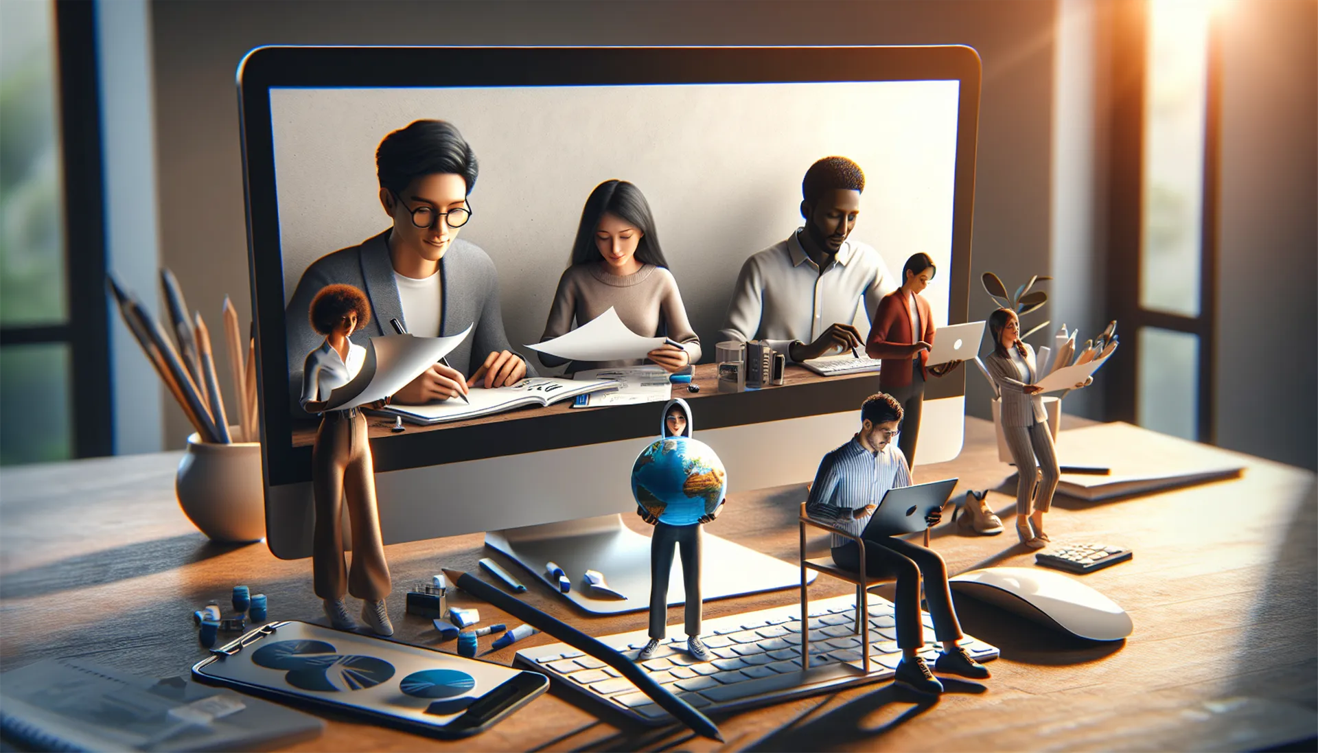 AI-generated image of small employees working inside a computer screen