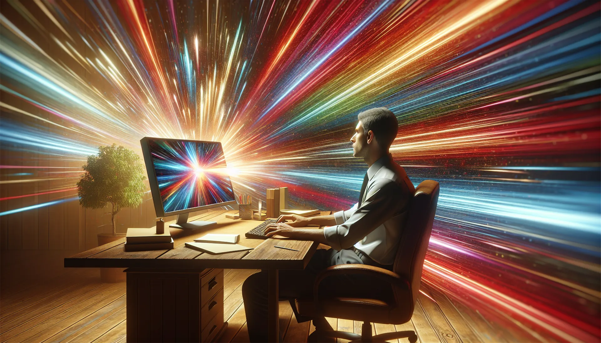 American employee at computer with colorful beams