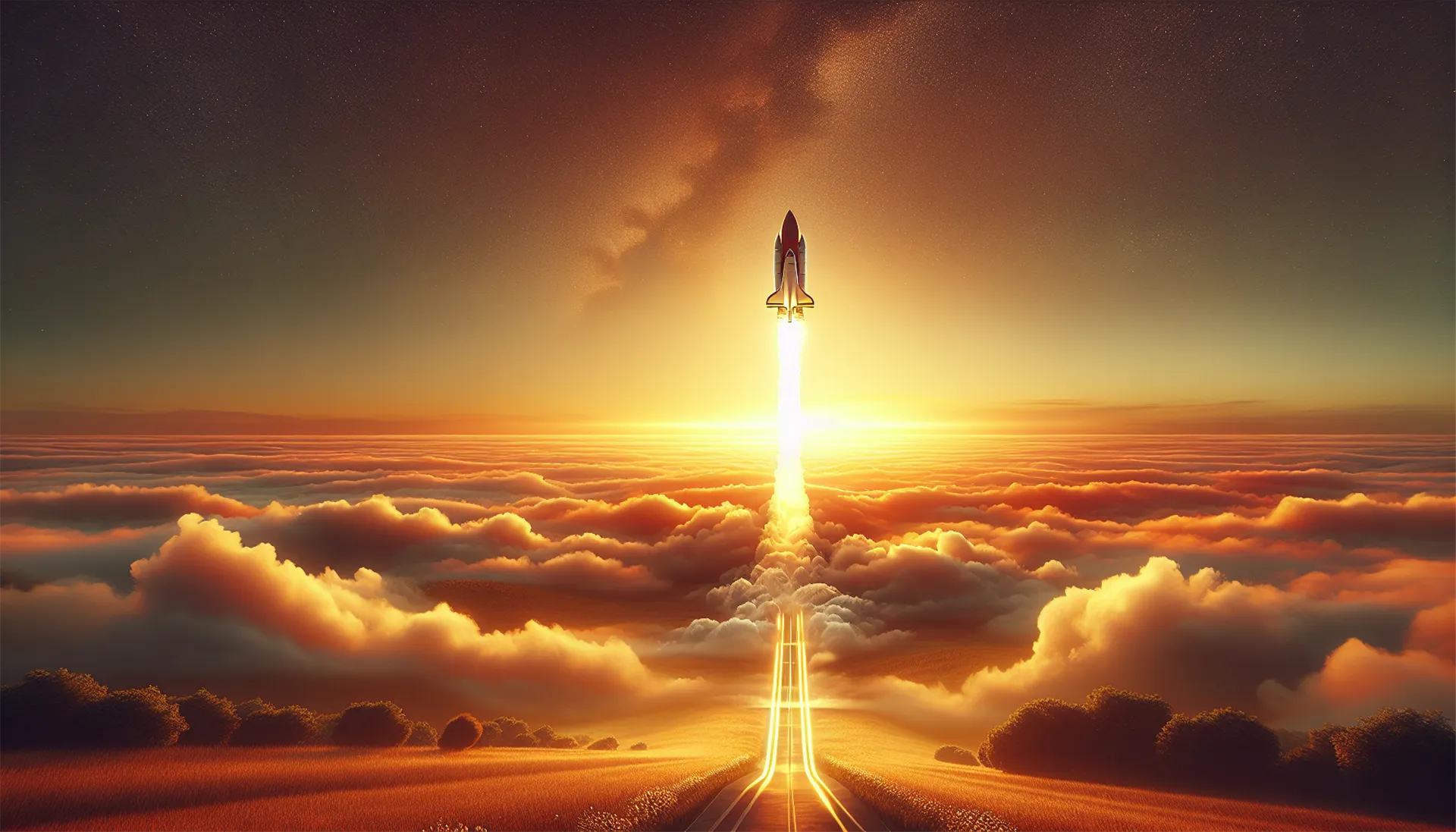 Rocket launching marketing campaign into the sky in a photorealistic landscape