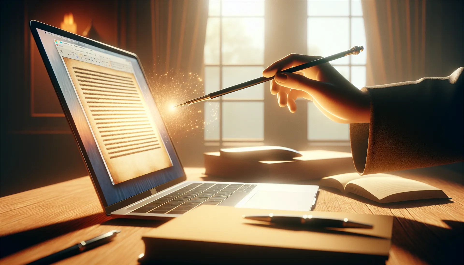 Magic wand being waved over a computer screen with a document open
