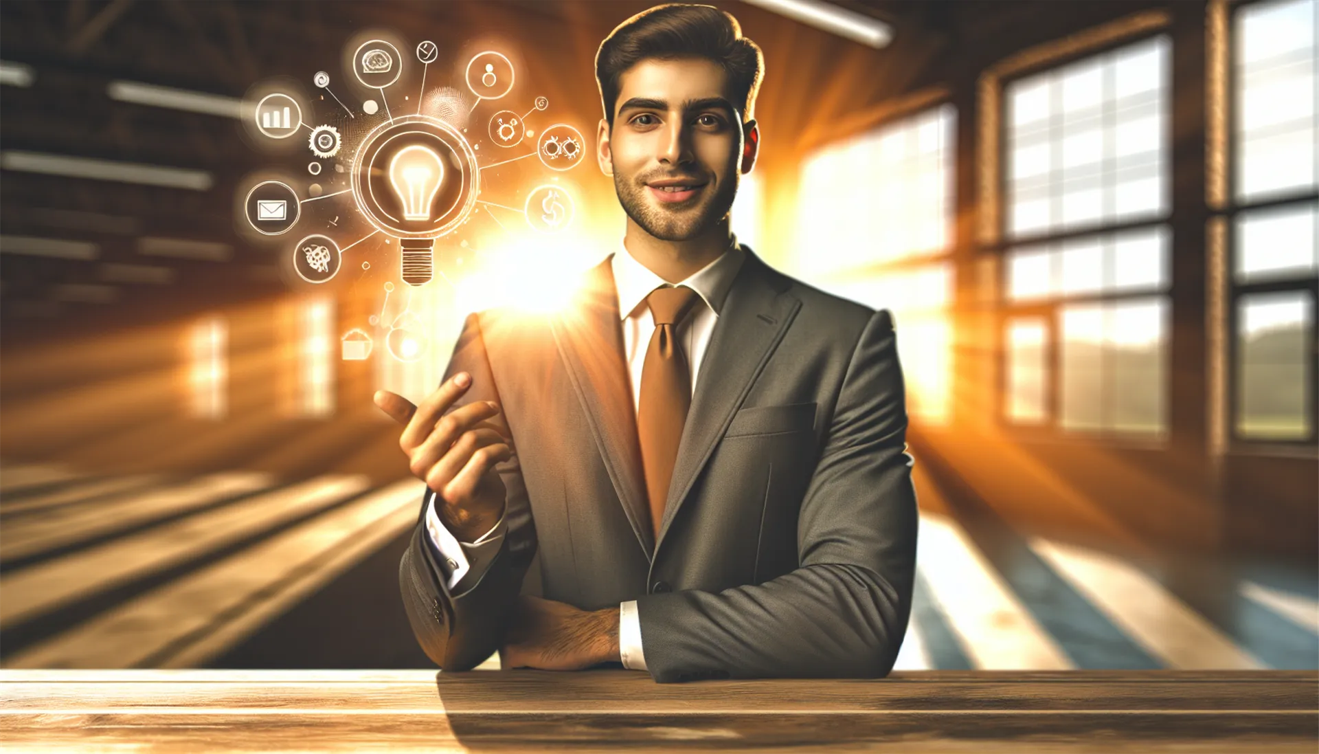 AI-generated image of a professional sales consultant in warm light in a landscape setting