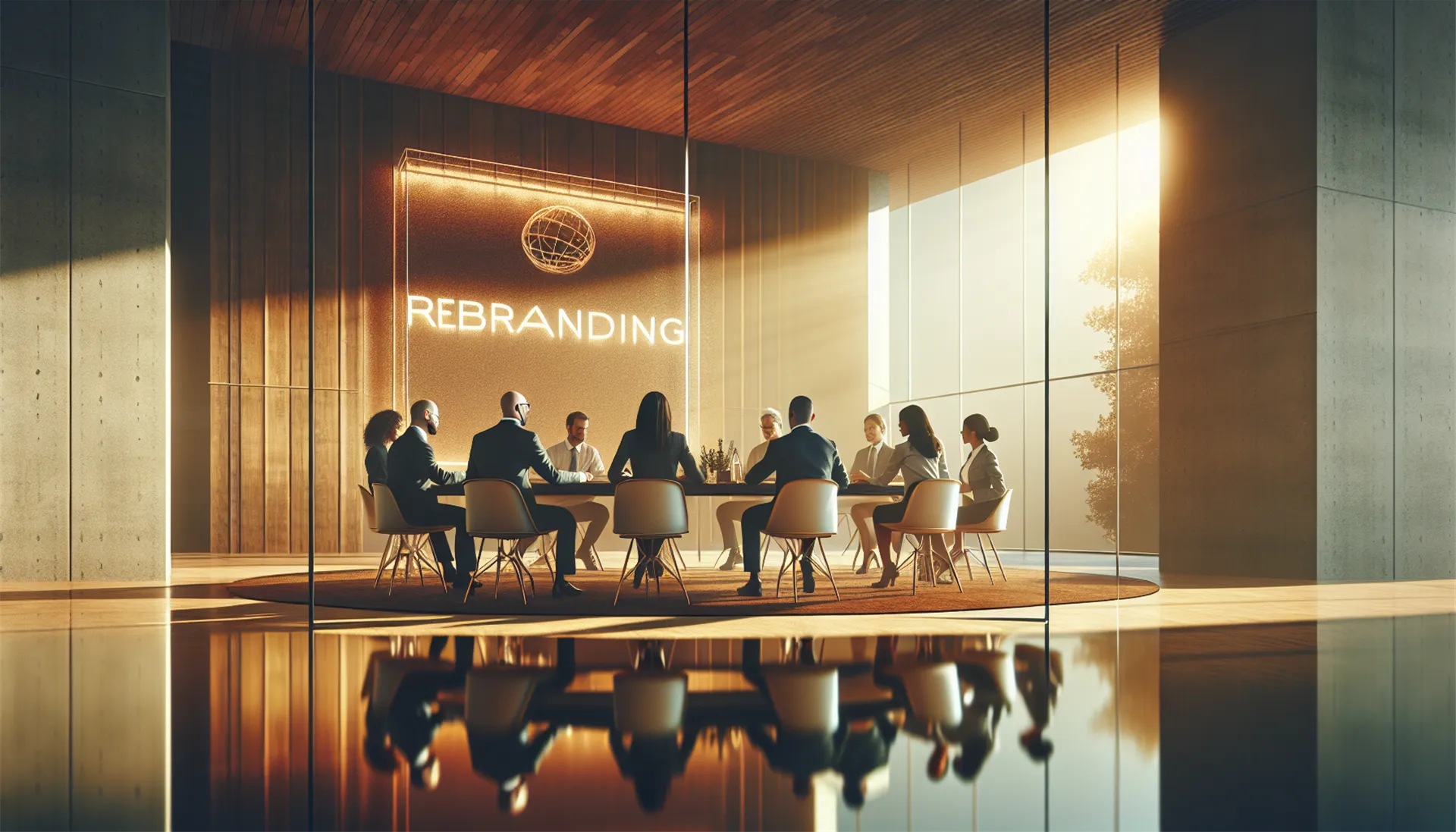 Illustration of a rebranding meeting in warm lighting