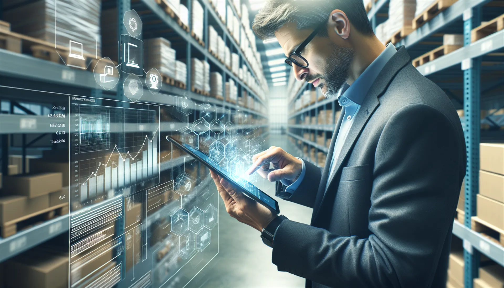 Manager using digital tablet with inventory management software in warehouse